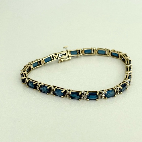 Solid 14k Yellow Gold Sapphire & Diamond Tennis Bracelet - Picture 6 of 16